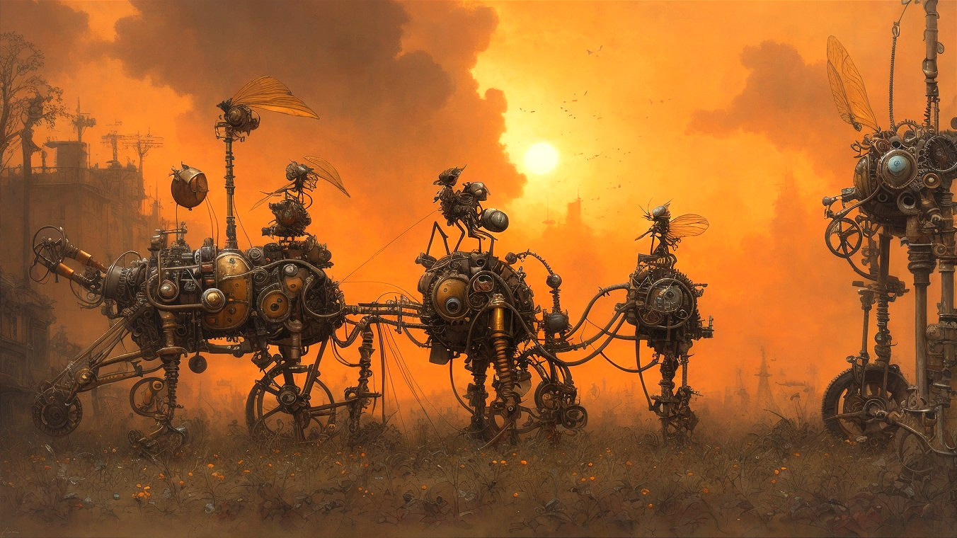 Steampunk Mechanical Horses in Surreal Sunset Landscape