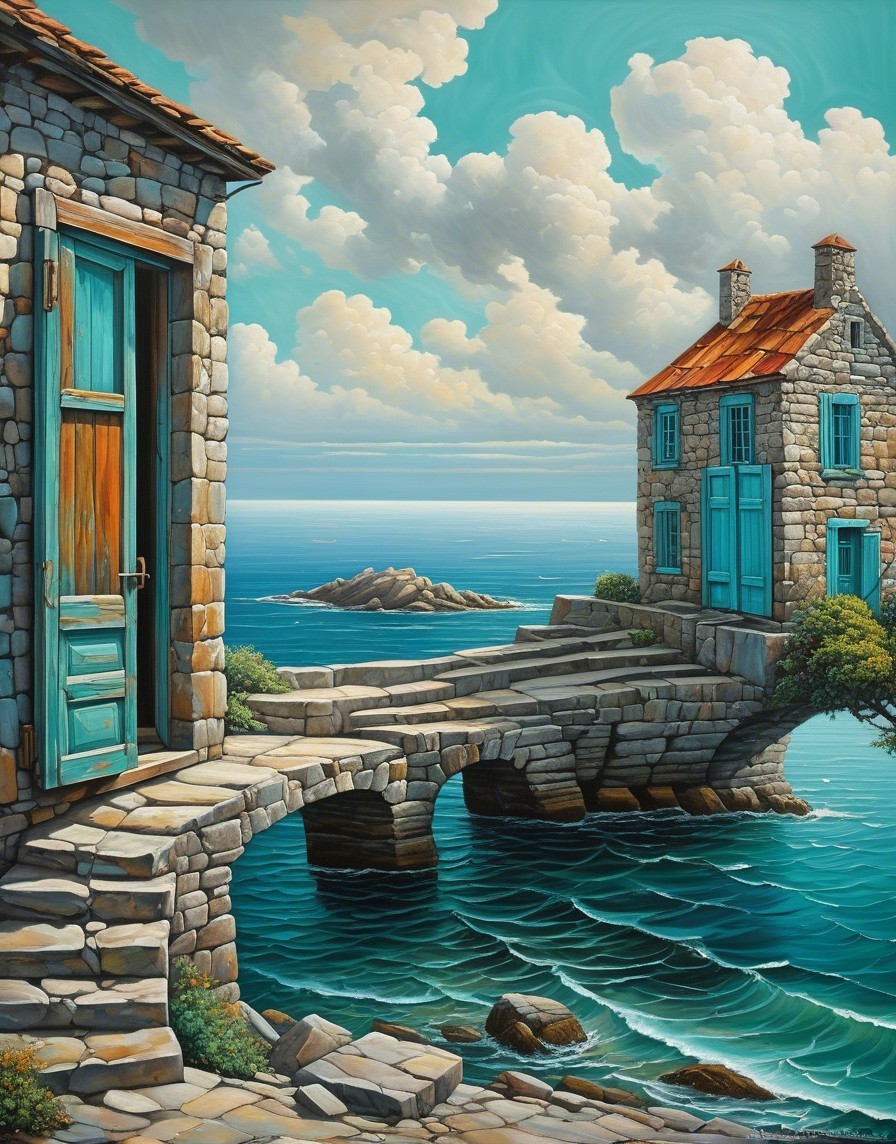 Surreal coastal landscape with stone houses and bridge