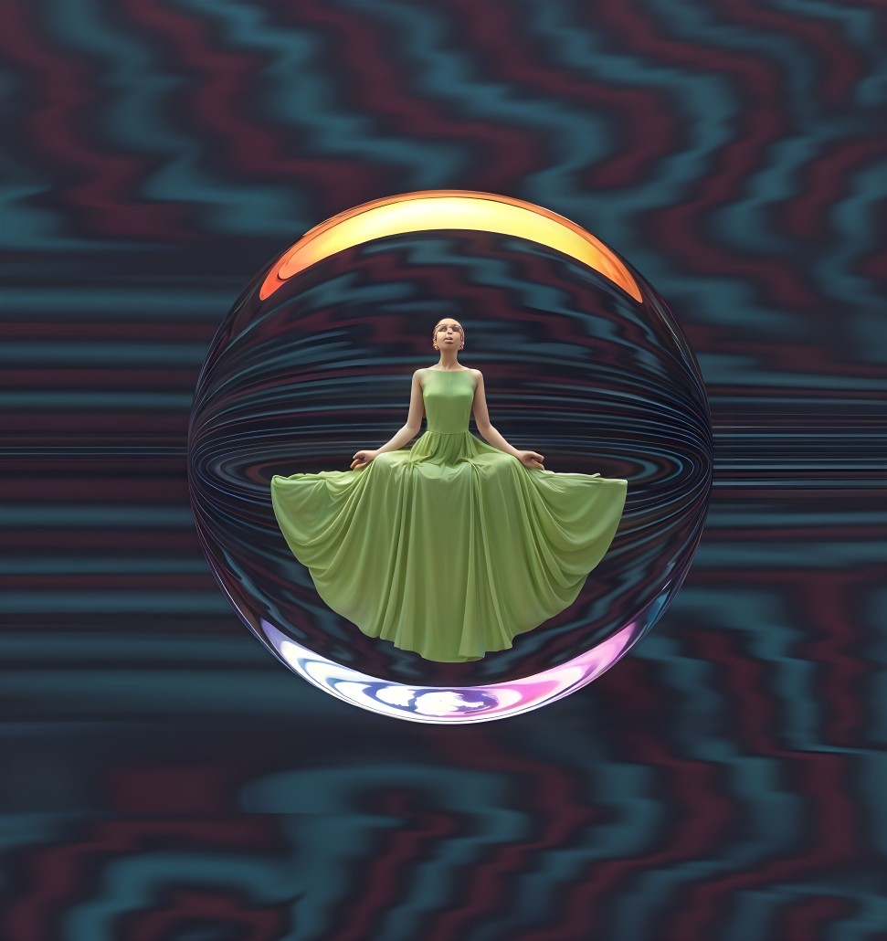 Serene figure in green gown within a translucent bubble