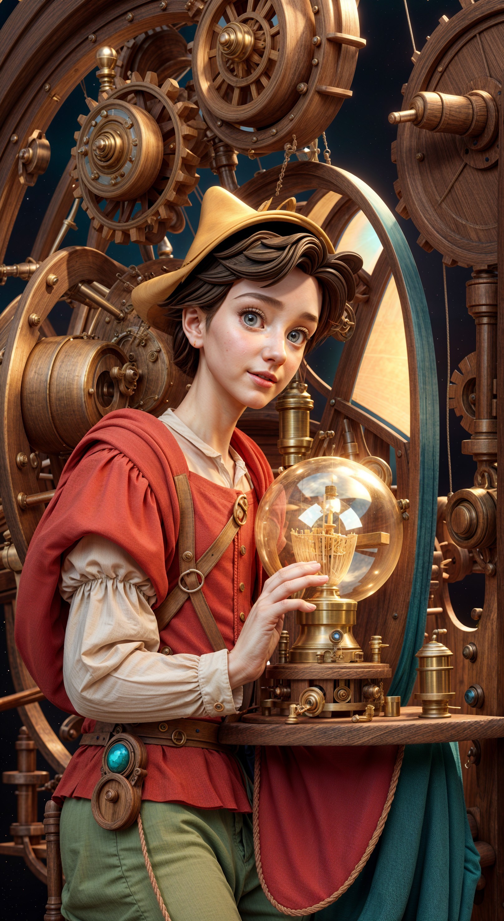 Young Inventor with Steampunk Machinery and Glowing Orb