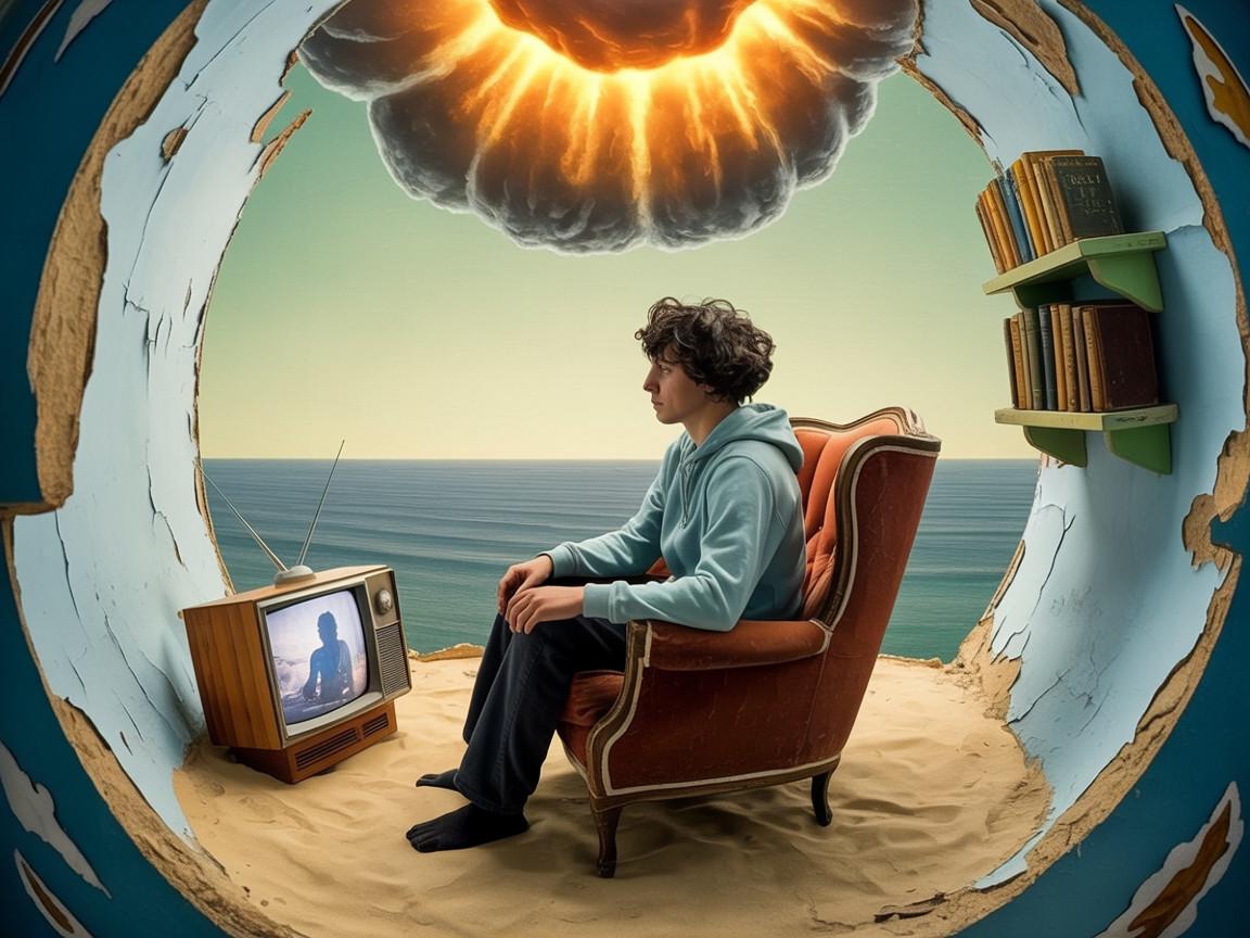Surreal Scene of Youth in Circular Broken Wall Setting