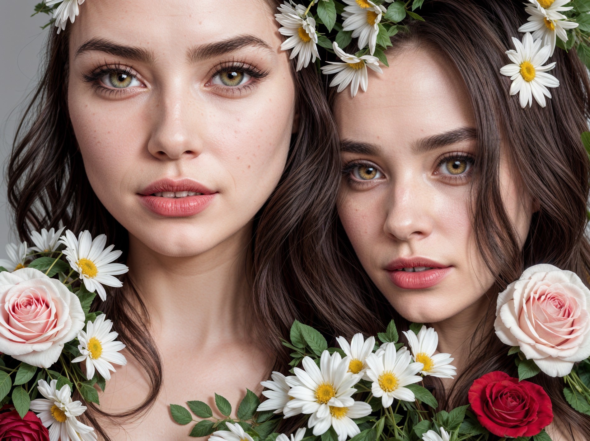 Young Women Surrounded by Vibrant Floral Arrangement