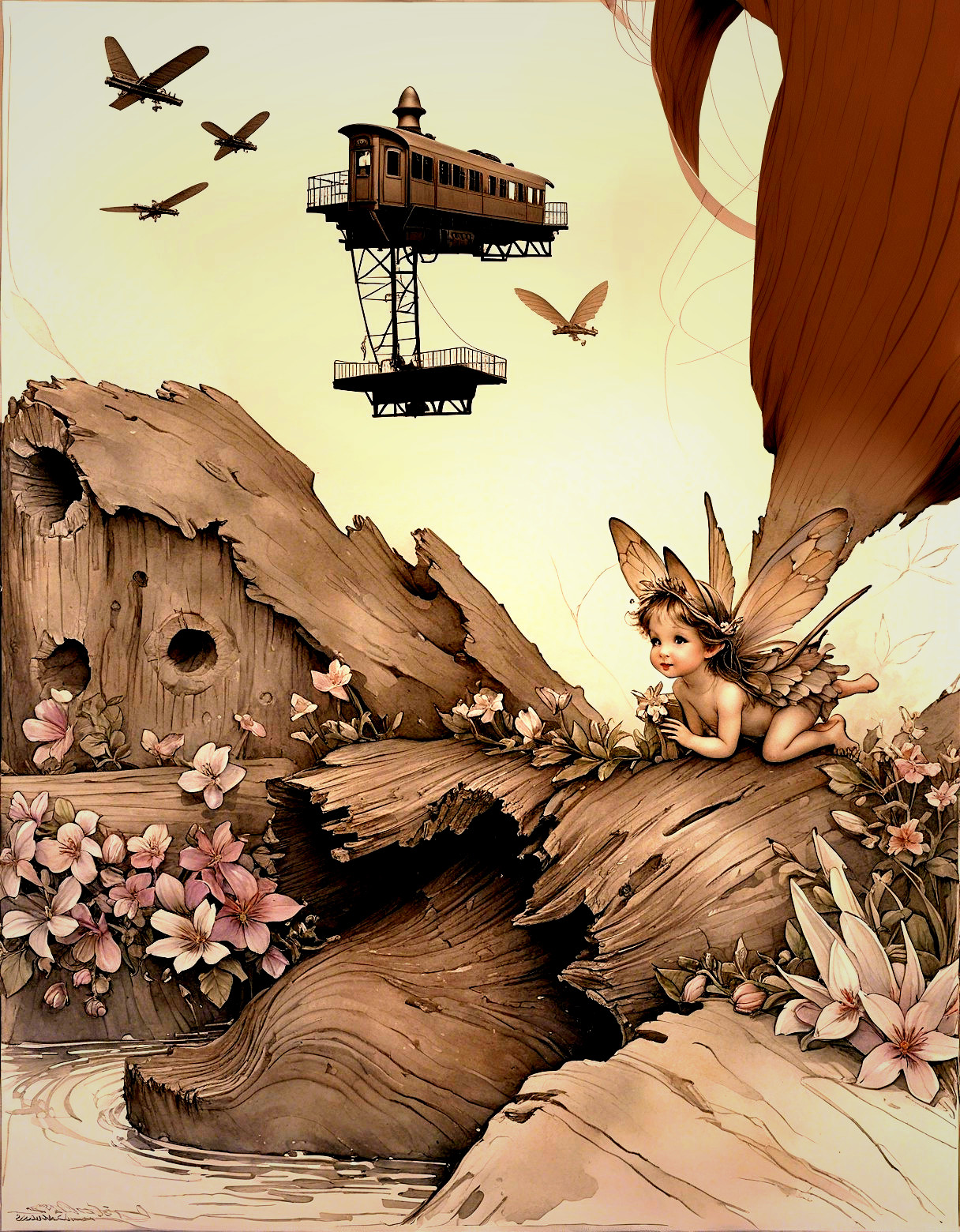 Fairy Among Flowers and Vintage Train in Dreamy Scene