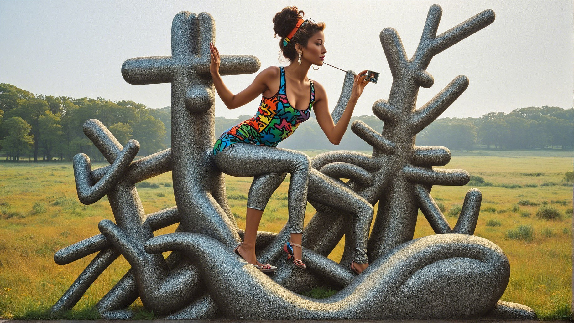 Stylish Woman Posing on Abstract Sculpture in Landscape