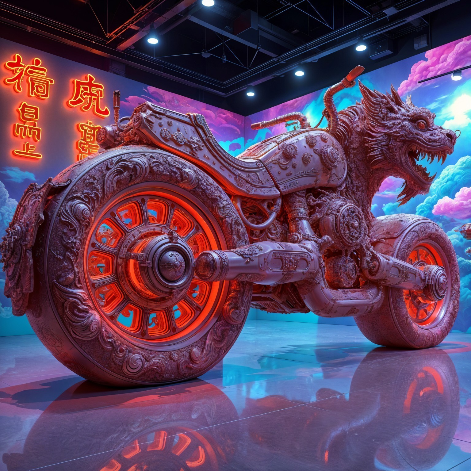 Motorcycle Sculpture with Dragon Motifs and Neon Accents