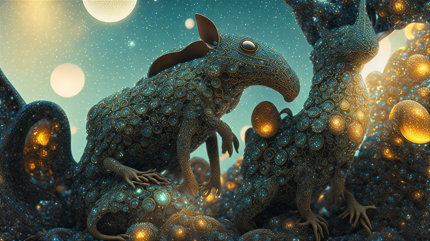 Fantastical Reptilian Creatures in Cosmic Landscape
