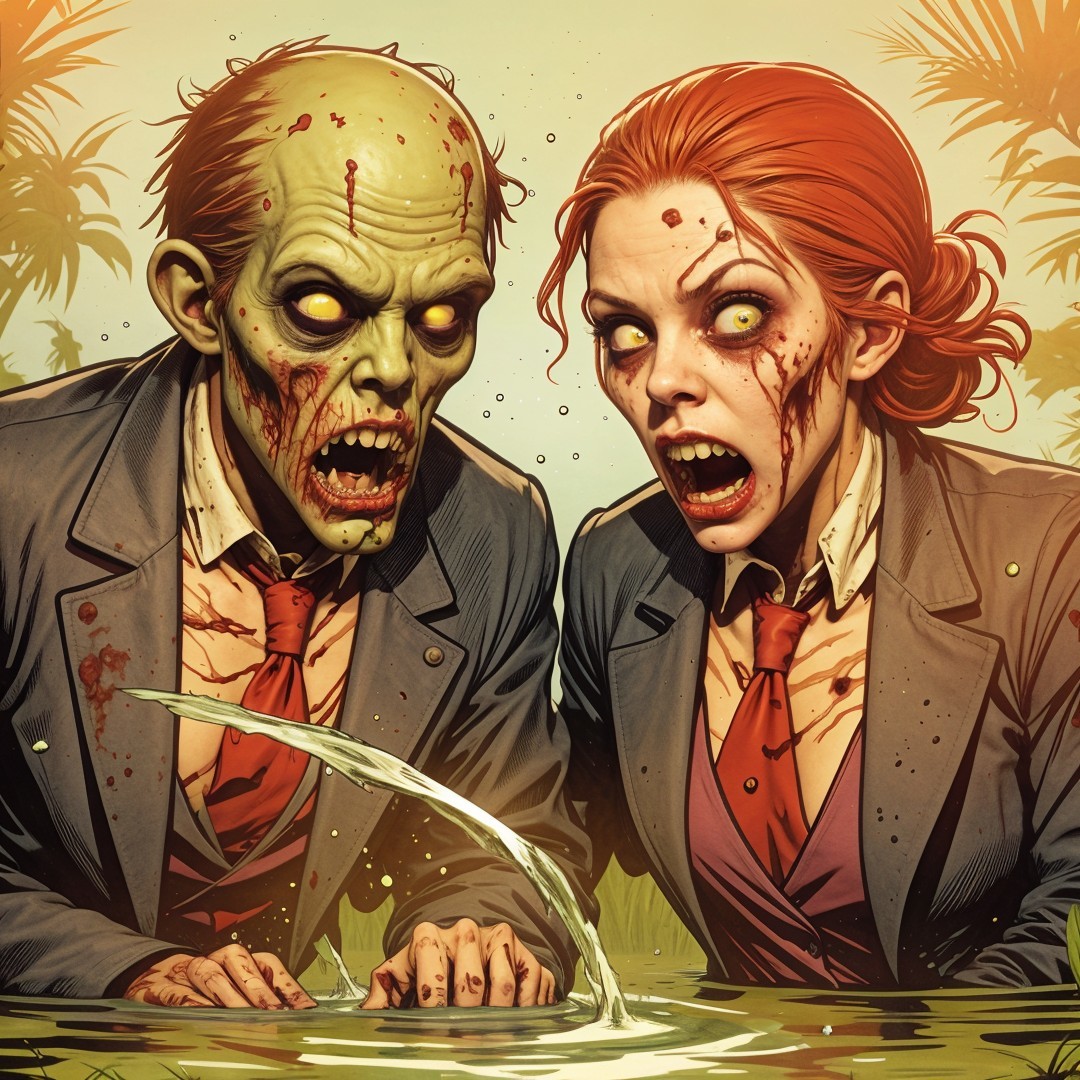 Zombie Couple in Tattered Suits by Murky Pool