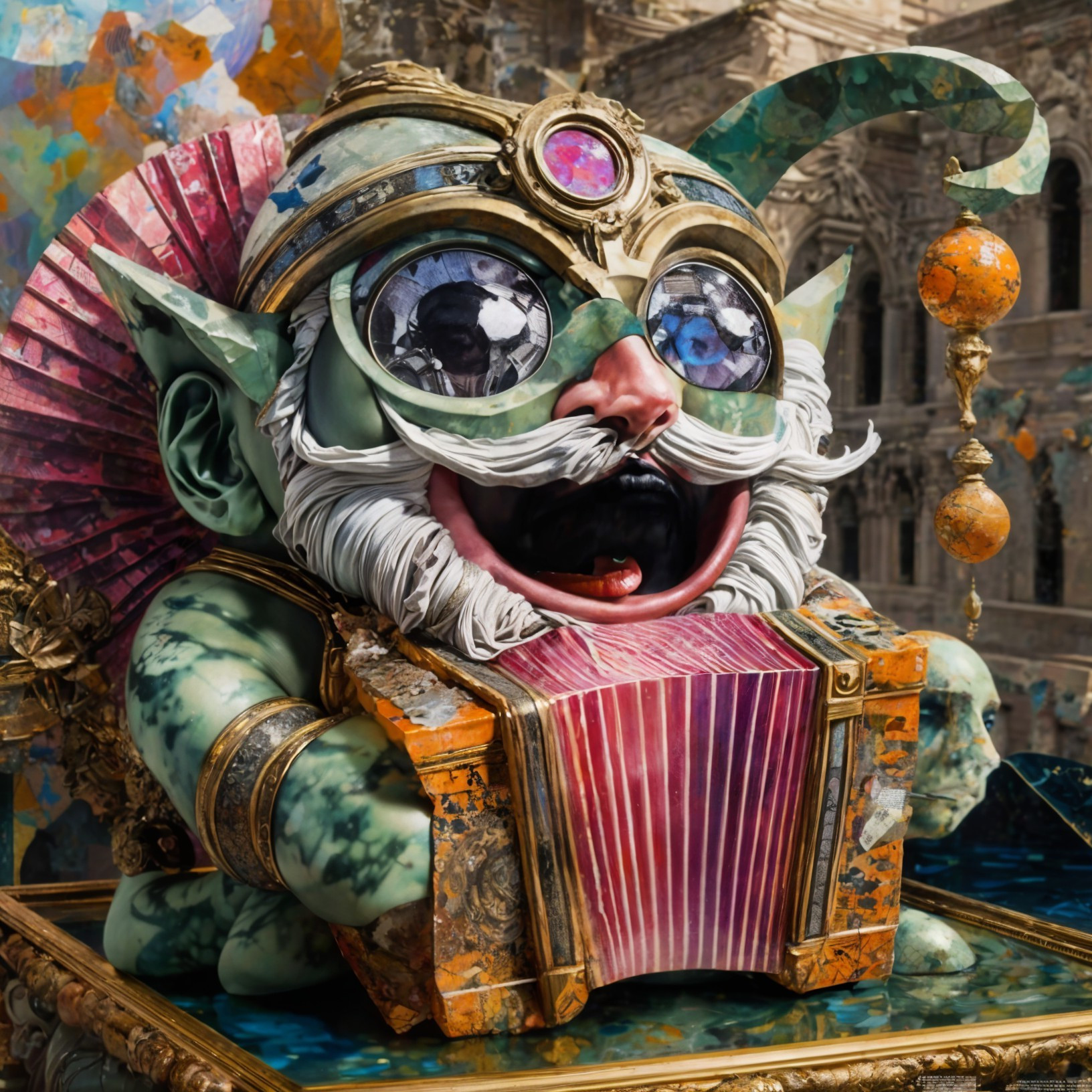 Whimsical creature with green skin playing an accordion