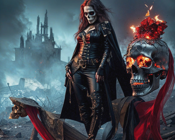 Post-Apocalyptic Figure in Dark Landscape with Skulls