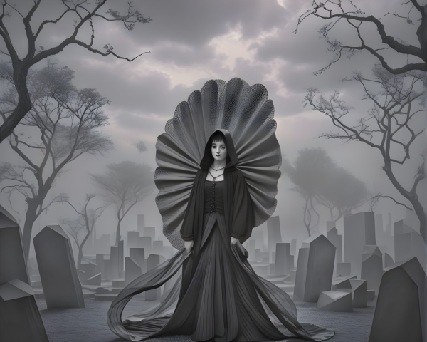 Mysterious Figure in Foggy Graveyard Setting
