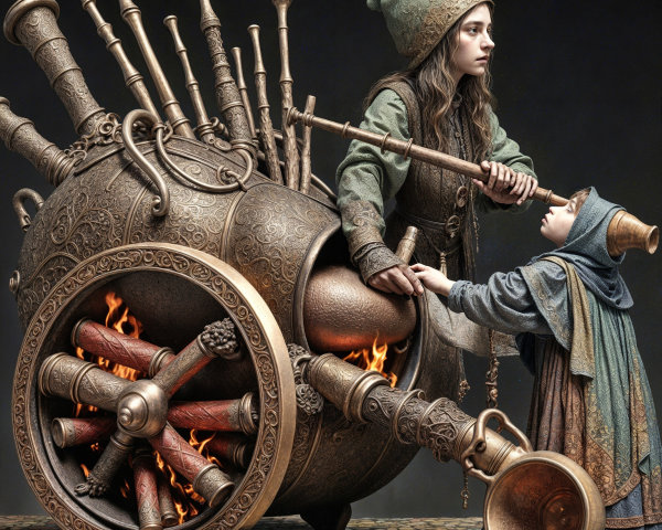 Young Girls with Steampunk Device in Fantasy Setting