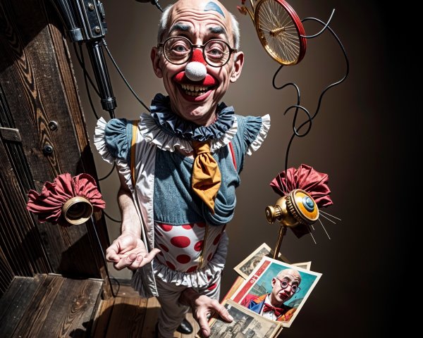 Whimsical Clown with Colorful Outfit and Vintage Photos