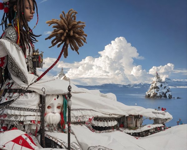 Majestic figure in traditional attire on snowy landscape