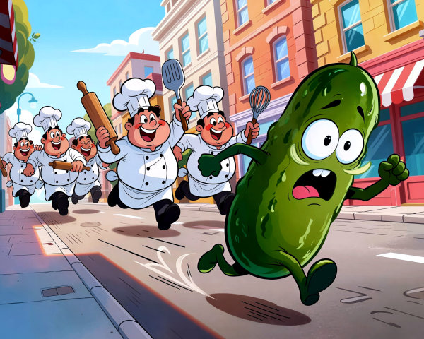 Cartoon Scene of a Pickle Chased by Chefs