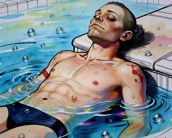 Watercolor Artwork of a Man Relaxing in a Pool