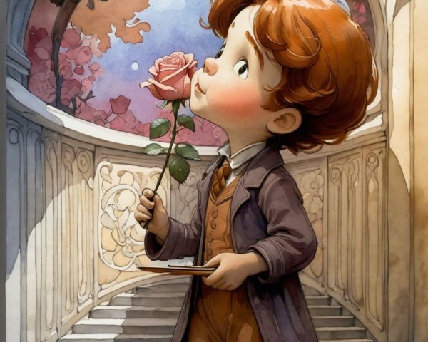 Young boy in vintage attire with pink rose on staircase