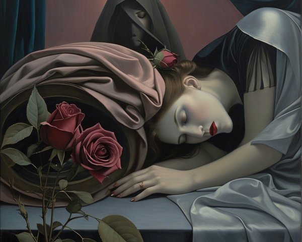 Serene Woman with Roses and Shadowy Figure in Background