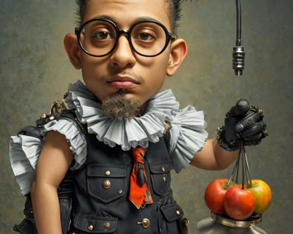 Whimsical Character in Steampunk Outfit with Apples