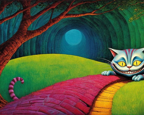 Whimsical Cat in a Colorful Surreal Forest Scene