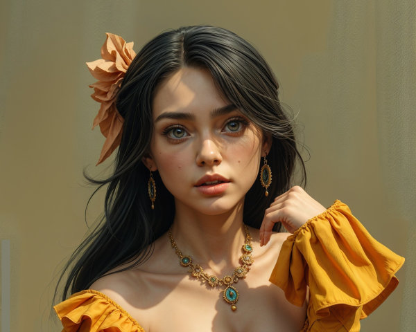 Young woman in yellow dress with floral hair accessory