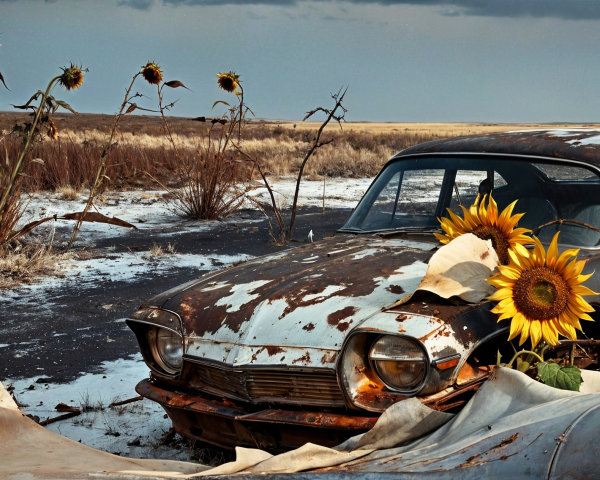 Abandoned Car on a Cracked Road with Wildflowers