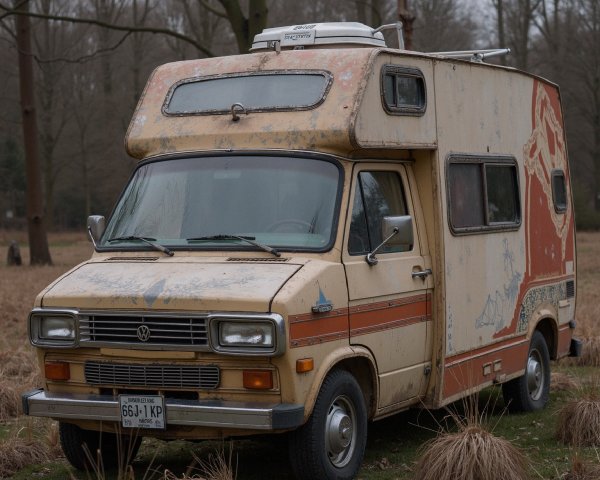 Aging Pastel Yellow Camper Van in Rustic Setting