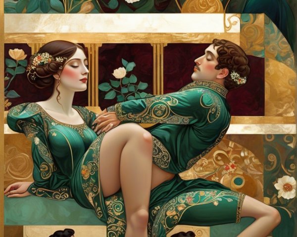 Elegant Figures in Emerald Attire with Gold Details