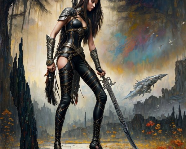 Fierce Warrior in Mystical Landscape with Sword