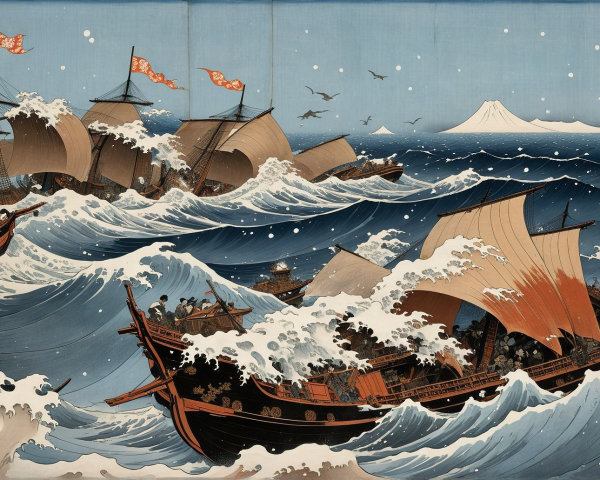 Maritime Battle Scene with Ships and Waves