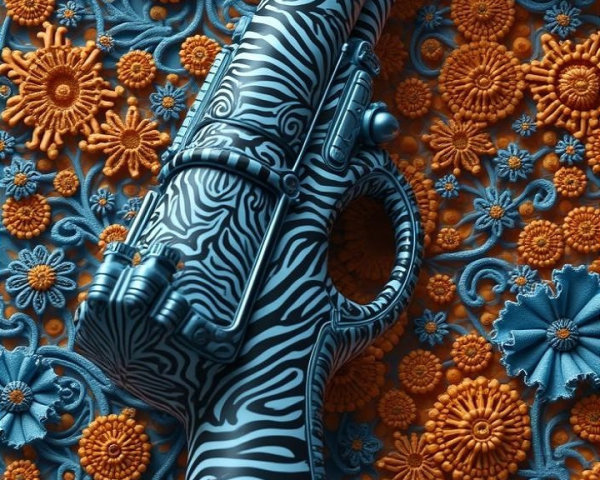 Stylized gun with zebra pattern on floral background