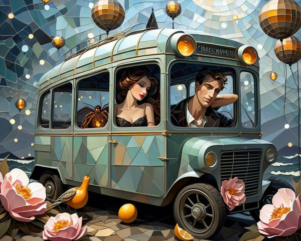 Vintage Bus with Geometric Patterns by the Sea