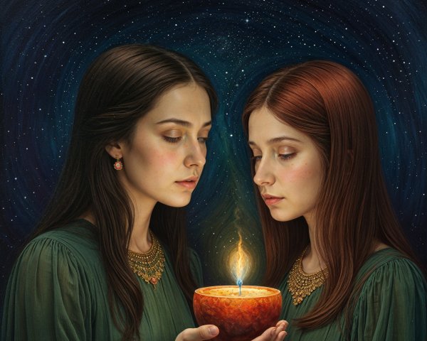 Women in Green Dresses with Candle Under Starry Sky