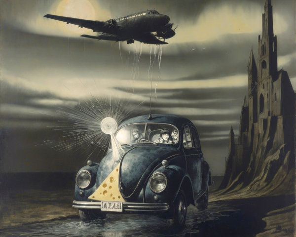 Surreal Scene of Vintage Car at Desolate Shoreline