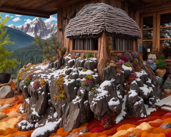 Whimsical Cottage Surrounded by Nature and Mountains