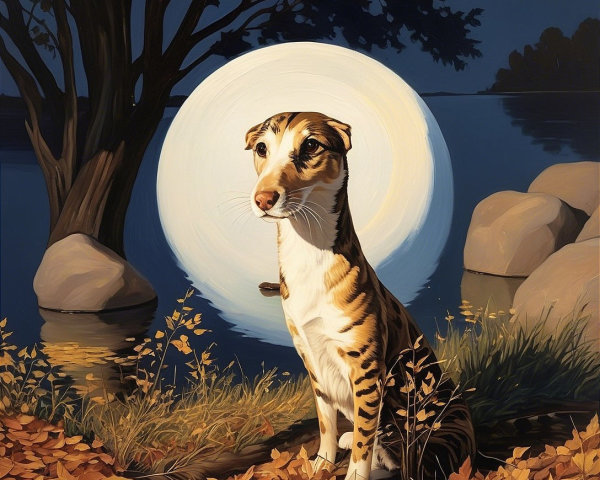 Stylized Dog with Stripes in Serene Night Scene