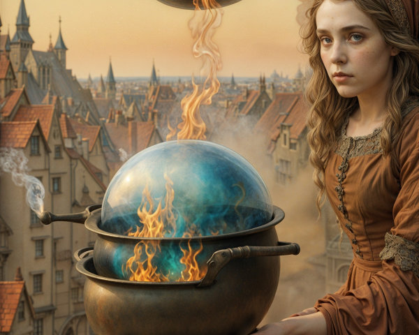 Surreal Landscape with Cauldron and Orbs in Medieval Town