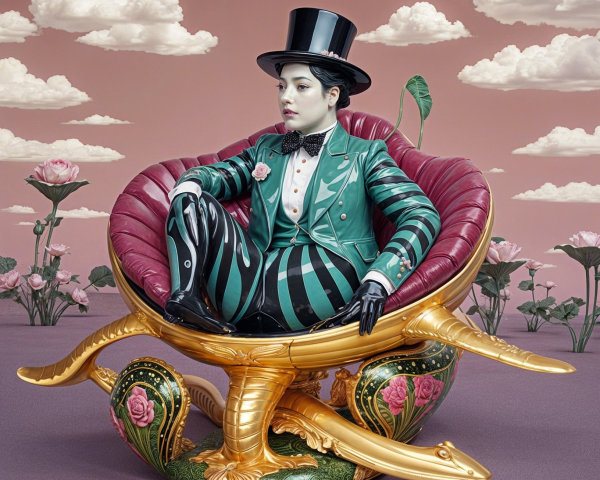 Surreal Figure in Ornate Shell Chair with Floral Motifs