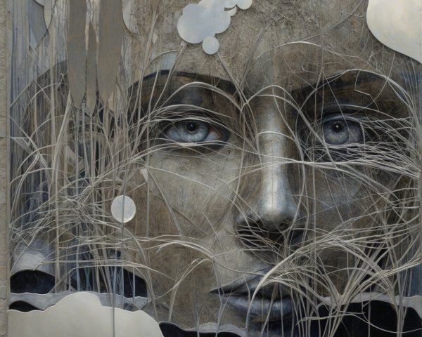 Serene Sculptural Face with Abstract Foliage Elements