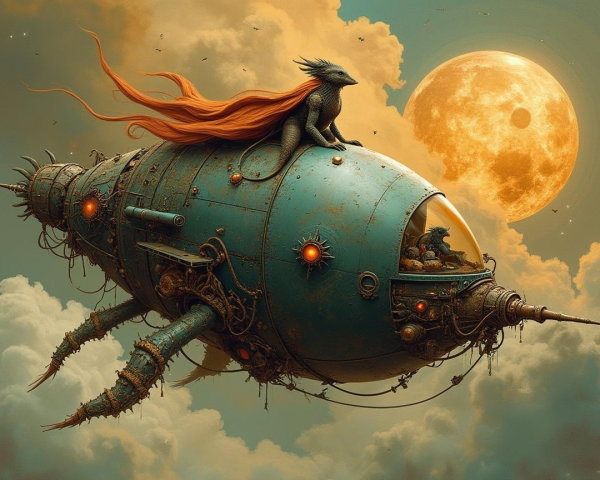 Steampunk Airship with Lizard Creature in Dreamy Sky