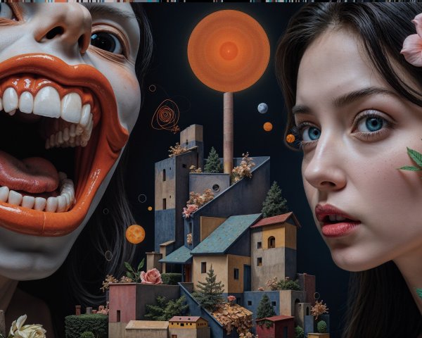 Surreal composition with expressive face and whimsical landscape