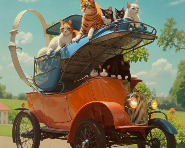 Orange Vintage Car with Cats on a Scenic Path