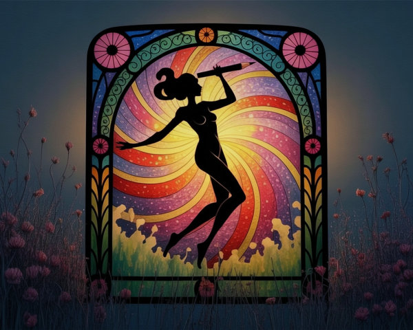 Vibrant stained glass design of a woman playing flute
