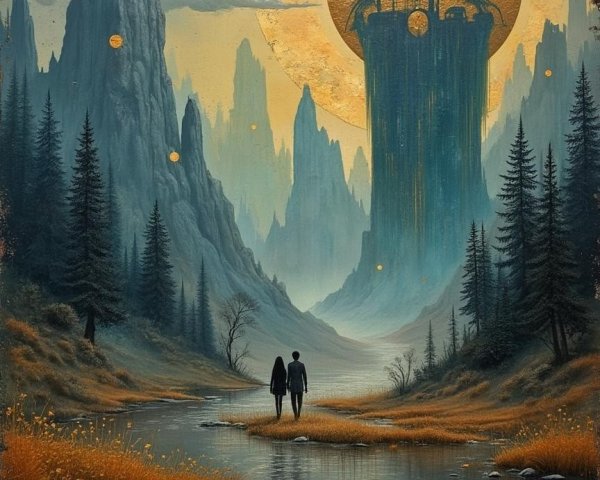 Couple Walking by a Serene River in a Mystical Landscape
