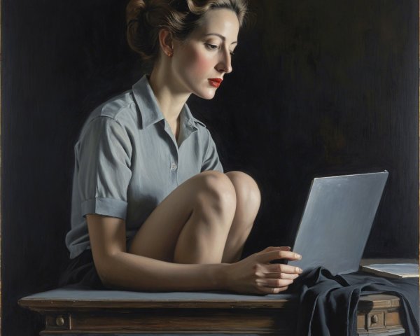 Woman in gray shirt seated at table with laptop