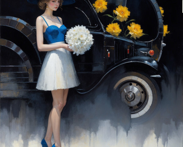 Stylish woman in blue bustier with vintage car and flowers