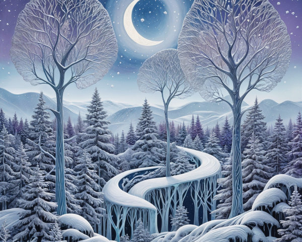 Serene Winter Landscape with Frosted Trees and Moon