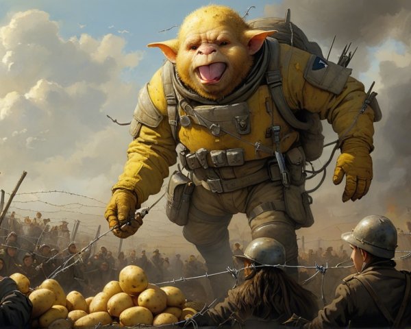 Surreal Battlefield with Cheerful Creature Distributing Potatoes
