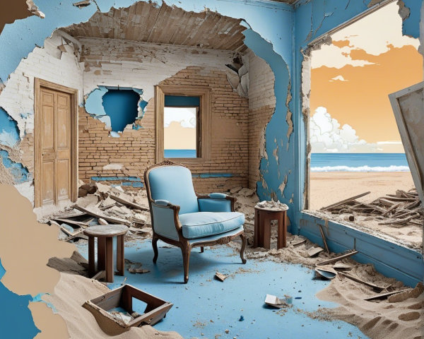 Surreal Room with Crumbling Walls and Beach View
