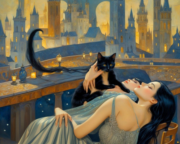Young Woman on Balcony with Cat and City Skyline