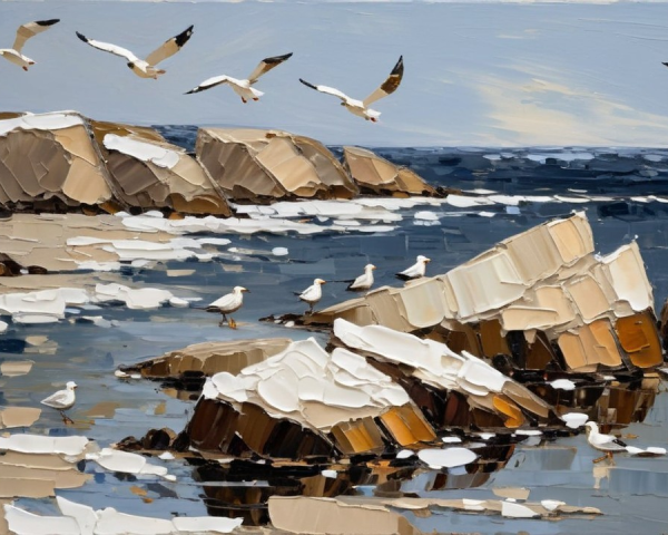 Serene Coastal Scene with Snow-Covered Rocks